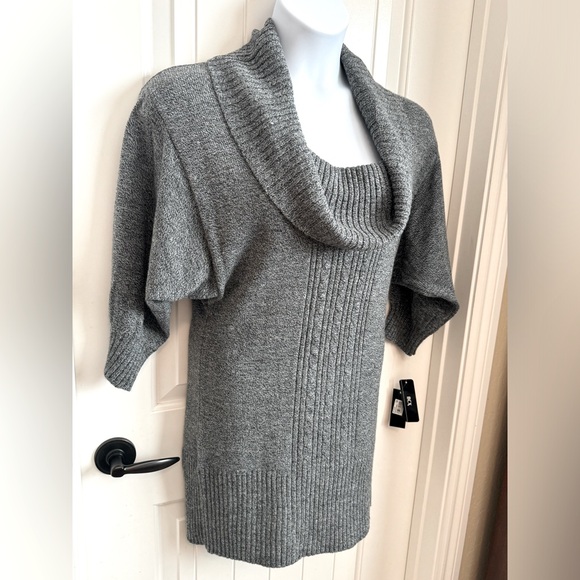NWT BCX Cowl Neck Cable Knit Sweater Dress/Tunic Grey Tweed Bracelet Sleeve, L - Picture 1 of 9